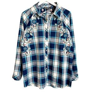 BOGO! Tolani Collection Boho Floral Embroidered Plaid Tunic Button Shirt